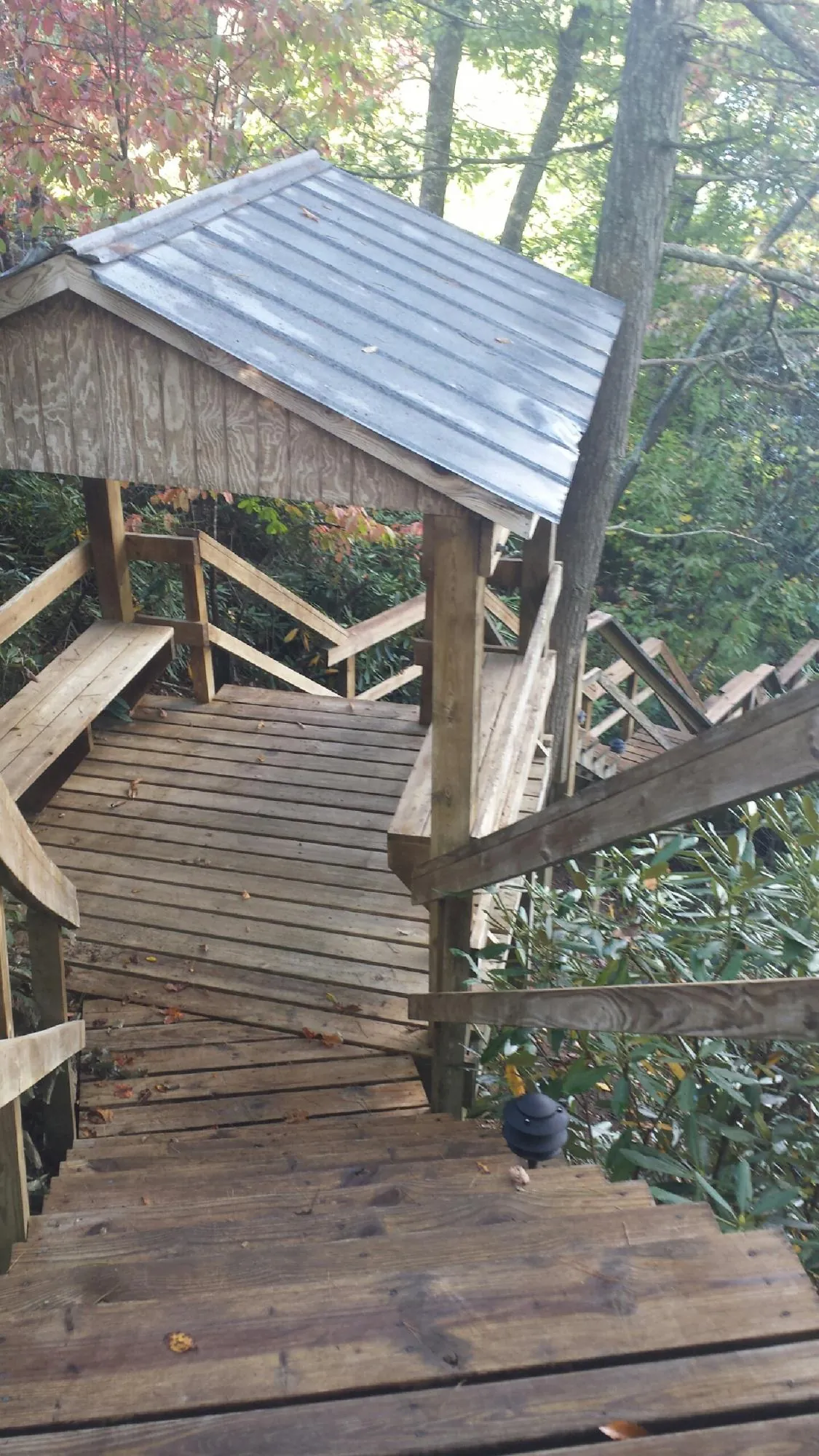 Metal roofed shelter over wooden steps on a wooded walkway — Skylight Repair & Installation work by our crew in Irrigon